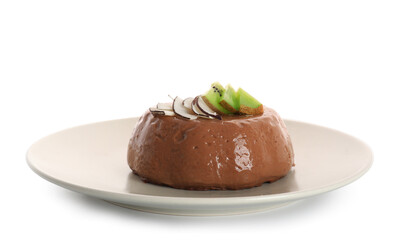 Plate with delicious chocolate pudding, coconut and kiwi slices on white background