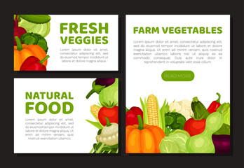 Fresh veggies natural food web banner and card templates set. Farm organic vegetables landing page, card, poster design cartoon vector