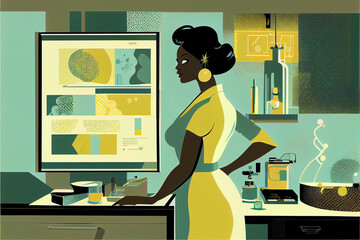 Vintage Inspired Vector Illustration of African-American Woman in Science Lab. Generative ai