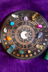 Gemstones for zodiac signes, minerals over life flower chart. Magic healing Rock for Reiki Crystal Ritual, Witchcraft, spiritual esoteric practice