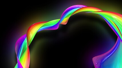 3d render. Twisted ribbon of rainbow color glows on a black background. Abstract bright colorful background.