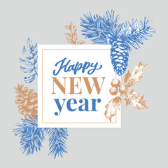 Obraz premium Happy New Year Abstract Botanical Card with Square Frame Banner and Modern Typography. Green and Pink Pastel Colors Greeting Layout. Isolated.