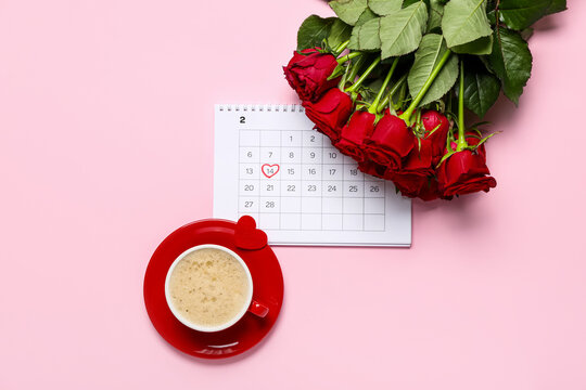 Calendar with marked date of Valentine's Day, roses and cup of latte on pink background - Powered by Adobe