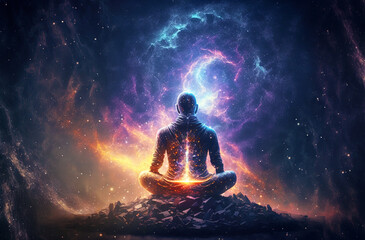 Man sitting in yoga lotus pose and his connection to space. Postproducted generative AI digital illustration.