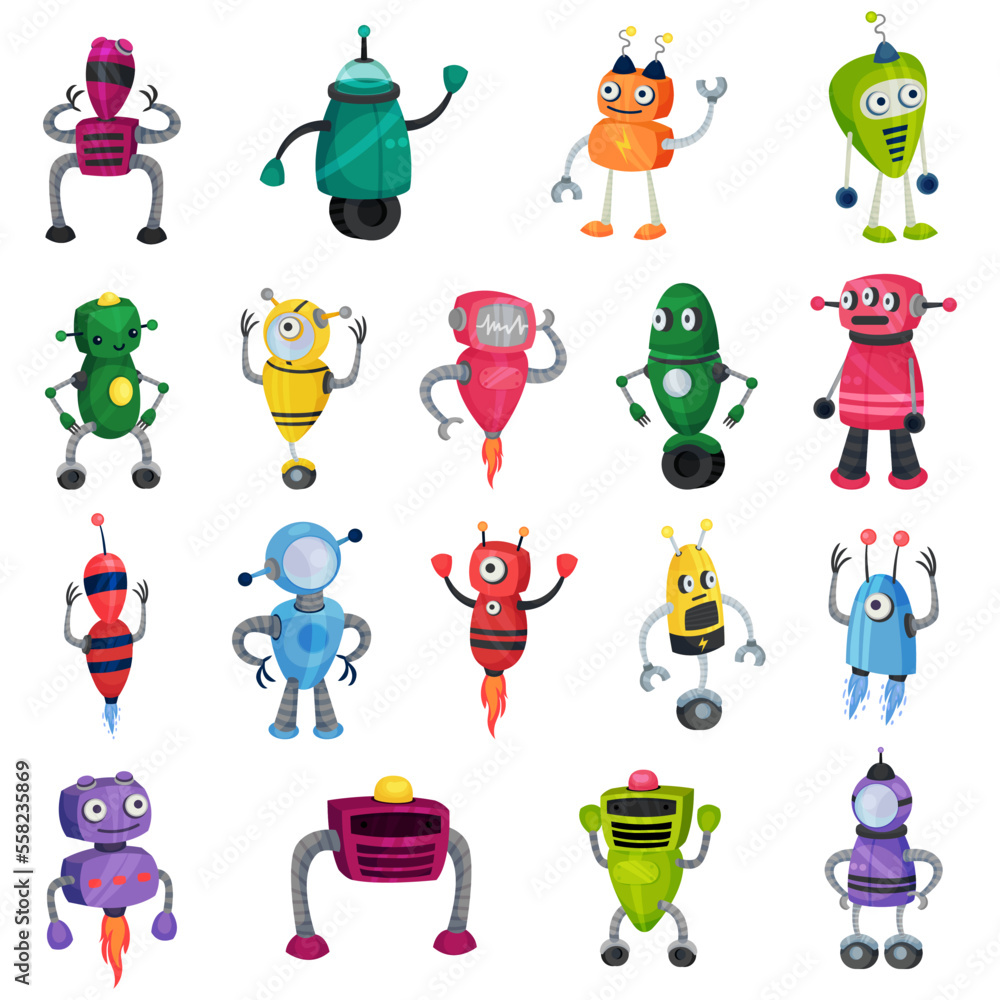 Poster set of cute little robots. funny artificial intelligence cyborgs for labor automation cartoon vector