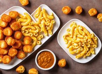 fried chicken nuggets with mac and cheese, cheese and tomato sauce.