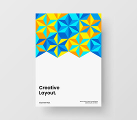Vivid company identity design vector illustration. Bright geometric pattern leaflet layout.
