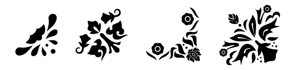 Decorative elaborate frame corners, four floral decor for embellishment isolated black on white, changeable color