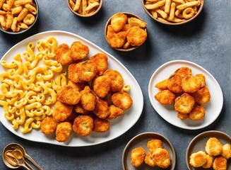 fried chicken nuggets with mac and cheese, cheese and tomato sauce.