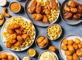 fried chicken nuggets with mac and cheese, cheese and tomato sauce.