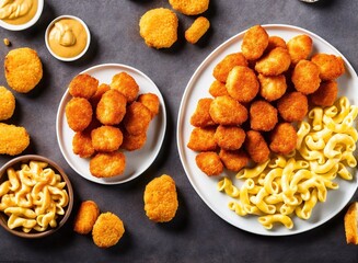 fried chicken nuggets with mac and cheese, cheese and tomato sauce.