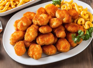 fried chicken nuggets with mac and cheese, cheese and tomato sauce.