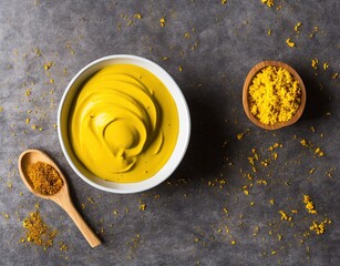 mustard sauce in a bowl on a black background. top view.