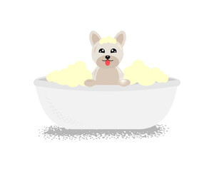 Beautiful portrait of dog in bath on white background for grooming salon design. domestic dog, puppy, doggy, pet. vector background. . Vector illustration