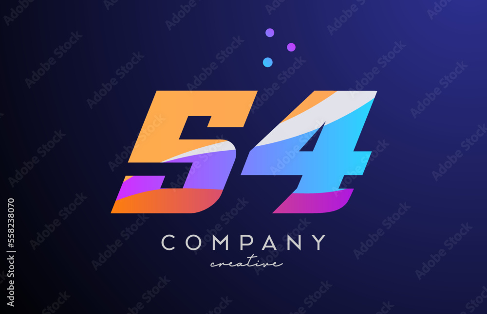 Wall mural colored number 54 logo icon with dots. Yellow blue pink template design for a company and busines