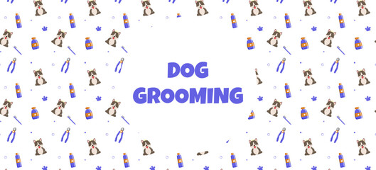 pattern for a grooming salon with an inscription in the center Grooming. Blue colors. Vector illustration