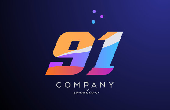 colored number 91 logo icon with dots. Yellow blue pink template design for a company and busines