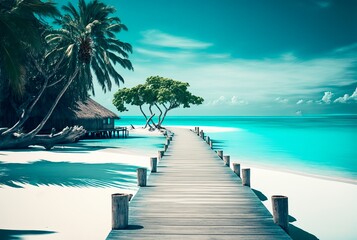 Fototapeta premium Palm trees against blue sky, tropical coast with mountains on a background, ocean, sea with turquoise water. Summertime.
