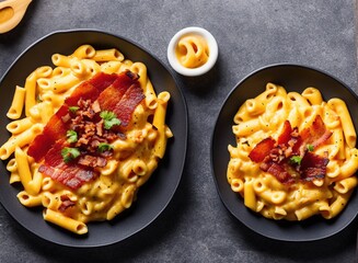 Fototapeta premium mac and cheese with bacon and vegetables on a black background