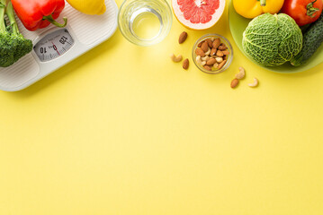 Detox concept. Top view photo of plate with fruits and vegetables almond cashew nuts glass of water and scales on isolated pastel yellow background with copyspace
