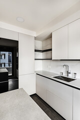 modern designed kitchen with smooth handleless cabinets with black edges, black glass appliances and marble countertops