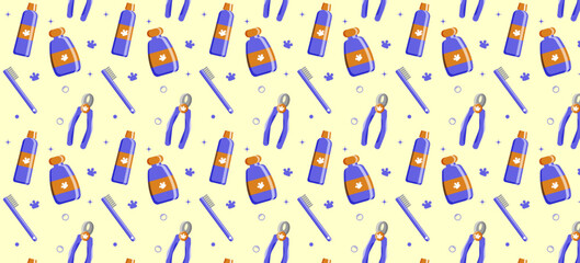 Seamless pattern with tools and supplies. Colorful background for grooming salon and pet shop, t-shirt, apparel print, web page, surface texture and fabrics. Paw, bone, scissors, bowl, nose, dog. 