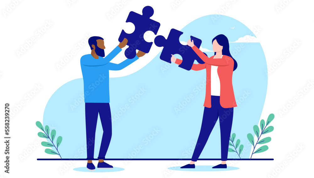 Poster connecting jigsaw puzzle pieces - two business people, man and woman solving problem easy and effici