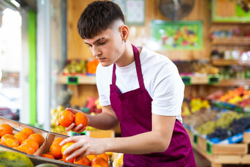 Fototapeta premium Serious young male market assistant in apron taking out fresh tangerines from box in fruit shop
