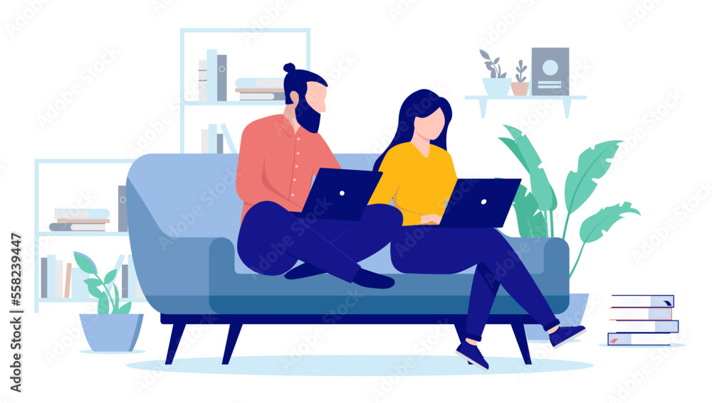 Aufkleber couple working from home - two people man and woman sitting in couch at home doing remote work on co