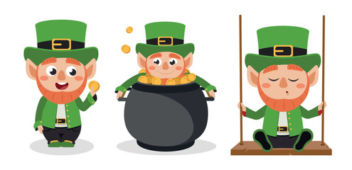 Vector illustration of cute and beautiful leprechaun in cartoon style.Charming characters, funny leprechaun with coin,peeking over a pot of gold, sitting on a swing.Happy St. Patricks Day