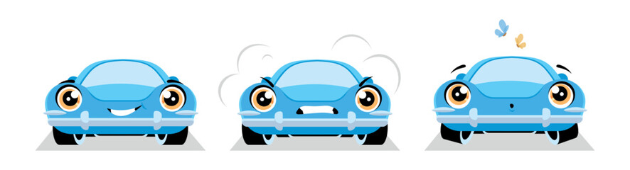 Vector illustration of a cute and beautiful blue car in cartoon style.Charming characters of funny cars with butterflies isolated on white background.