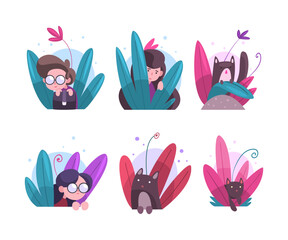 Cute kids and cats peeking out from bushes set. Lovely kids hiding in dense grass cartoon vector illustration