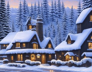 beautiful winter landscape with snow covered houses and trees