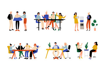 Business people working in office together set. Group of office employees working on project, brainstorming, communicating cartoon vector illustration