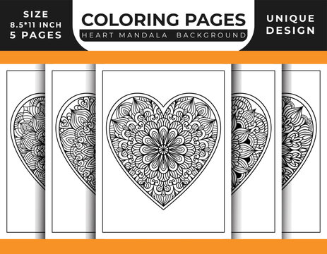 Mandala Floral Pattern With Heart Shaped Hand Drawn Tattoo And Mehndi Design, Mandala Heart Coloring Pages For Adults, Heart Mandala Coloring Page