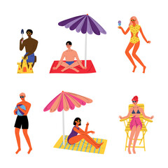 Fototapeta premium People performing summer leisure outdoor activities at beach set. Young men and women sunbathing, eating ice cream, playing ball cartoon vector illustration