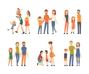 Set of happy traditional families with children. Smiling parents and kids cartoon vector illustration