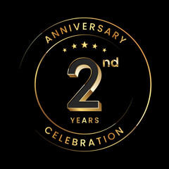 2nd Anniversary. Anniversary logo design with gold color ring and text for anniversary celebration events. Logo Vector Template