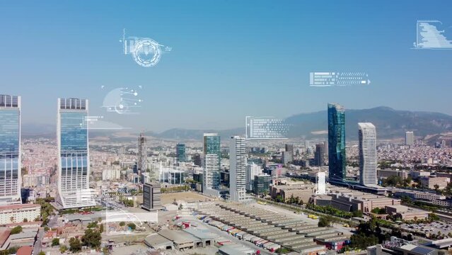 Modern city and technology concept. Smart city. Digital transformation. GUI Graphical User Interface. High quality 4k footage