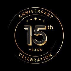 15th Anniversary. Anniversary logo design with gold color ring and text for anniversary celebration events. Logo Vector Template