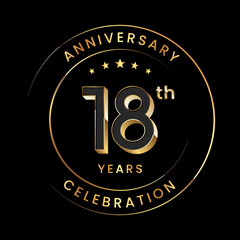 18th Anniversary. Anniversary logo design with gold color ring and text for anniversary celebration events. Logo Vector Template