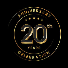 20th Anniversary. Anniversary logo design with gold color ring and text for anniversary celebration events. Logo Vector Template