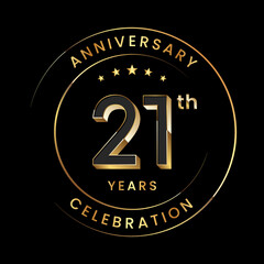 21th Anniversary. Anniversary logo design with gold color ring and text for anniversary celebration events. Logo Vector Template