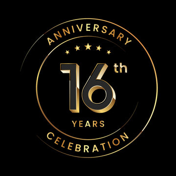16th Anniversary. Anniversary logo design with gold color ring and text for anniversary celebration events. Logo Vector Template