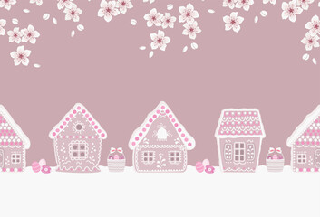 Easter seamless border. Gingerbread village. Spring landscape. Pink gingerbread houses, blooming branches trees, eggs, Easter egg baskets on pink background. Greeting card template. Vector