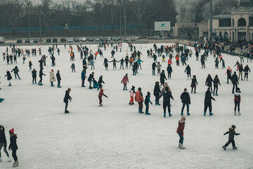 Obraz premium Budapest, Hungary - 2021: The City Park Ice Rink located in the City Park of the Hungarian capital Budapest, between the Heroes' Square and the Vajdahunyad Castle. Opened in 1870.