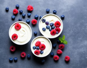 yogurt with fresh blueberries and mint on a blue background. top view.