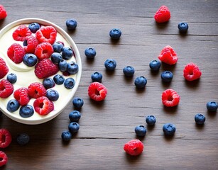 yogurt with fresh blueberries and mint on a blue background. top view.