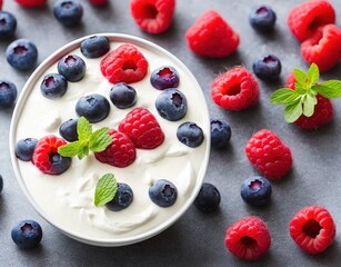 yogurt with fresh blueberries and mint on a blue background. top view.
