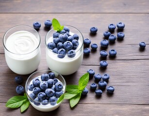yogurt with fresh blueberries and mint on a blue background. top view.